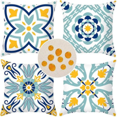 Cirzone Waterproof Cushion Cover, Pack of 4, 45 x 45 cm, Decorative Outdoor Cushion, Waterproof, Breathable, Blue Print Cushion Cover for Sofa Cushion, Garden, Outdoor