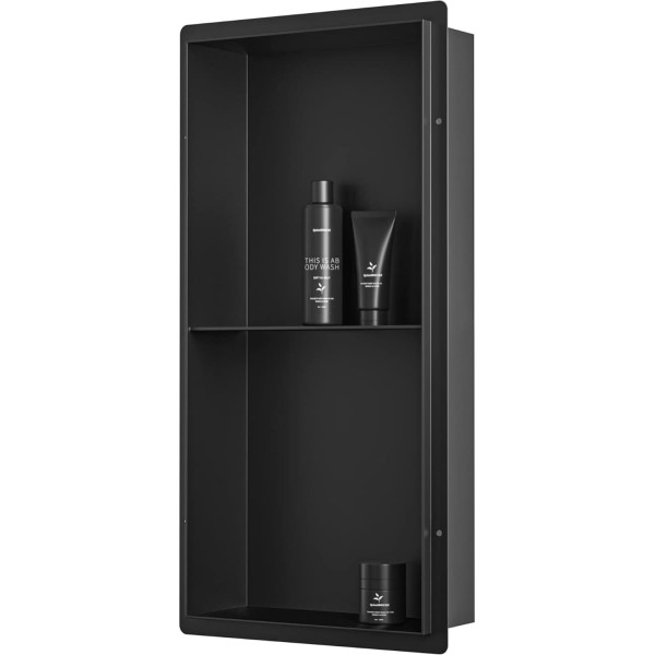 Bernkot 304 Stainless Steel Shower 60 x 30 x 10 cm Wall Recess Without Rim Double Shower Caddy for Bathroom No Tiles Required Black