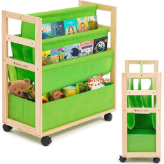 Jomifin Rolling Bookcase with Toy Storage Bins, Kids Bookcase with Wheels, Large Capacity for Kids Room, Playroom, Double Sided