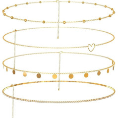 Forhandy Pack of 4 Belly Chains, Body Chains, Adjustable Belly Chain, Gold Set for Women and Girls, Waist Chain, Belly Waist Chain, Bikini Chain, Tassel