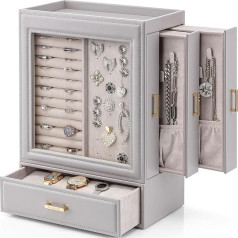 Vlando Large Jewelry Organizer with Glass Window, Jewellery Box for Necklaces, Earrings, Rings, Bracelets, Watches, Jewellery Storage, Gift for Women and Girls (Grey)