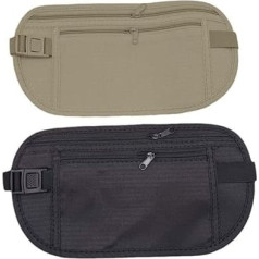 2 Pack Hidden Anti-Theft Flat Waist Bags Adjustable Belt Flat Waist Bags Anti-theft Travel Waist Bags for Men Women Mobile Cash (Black+Khaki)