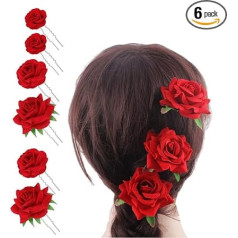 Hair Pins for Women Red Rose Hair Pins U Shape Bridal Head Bobby Pins Flower Clips Mexican Hair Roses Hair Clips for Women Girls Wedding Party Dance 6 Pack (S, M, L)