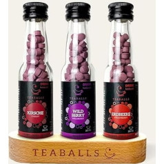 TEABALLS® 3-Piece Fruit Tea Set with Strawberry, Wildberry, Cherry Teas, with Free Wooden Stand, Gift Set, for Making 90–225 Cups of Cold/Iced Tea and Hot Fruit Tea, without Sugar, Instant Powder