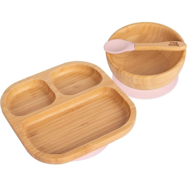 Divided Bamboo Suction Dinner Set - Pastel Pink - 3 Pieces