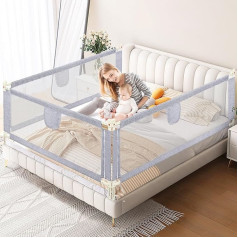 Bed Rail, Fall Protection, 200 cm x 1 + 180 cm x 1, Bed Safety Gate, Children's Bed Safety Gate for Children and Parents' Beds, Height Adjustable 64-96 cm with Airy Net, Sturdy, Grey