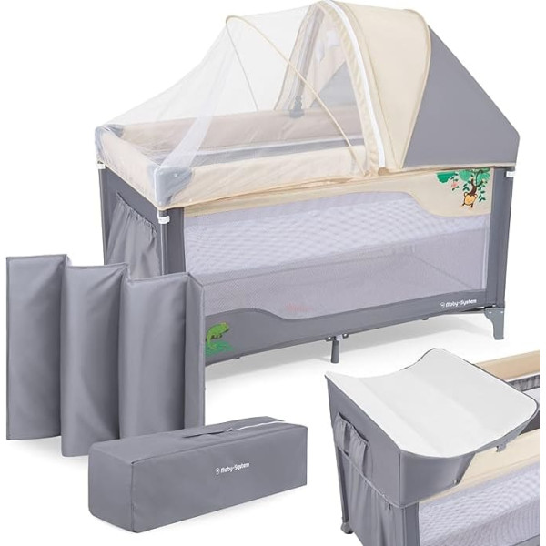 Moby-System Huxley 2-in-1 Travel Cot & Playpen Set with Changing Mat, 2 Mattresses, Mosquito Net, Transport Bag - for 0-36 Months, 128 x 68 x 75 cm, Grey/Pink