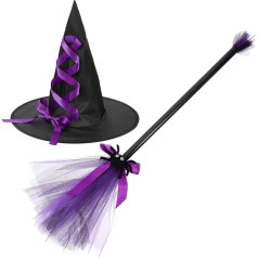TOYANDONA Halloween Witch Broom Hat Set Witch Hat with Halloween Witch Broom Handle for Cosplay Props Witch Costume Accessories (Purple)