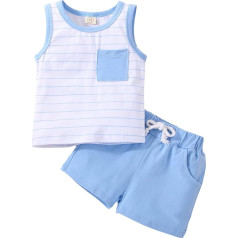 Children's Toddler Baby Boy Summer Clothing Striped Sleeveless Crew Neck Tank Tops + Solid Shorts 2-Piece Outfit Set