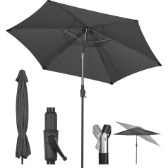 Sekey® 270 cm Parasol with Crank and Auto Tilt, Market Umbrella for Patio, Balcony and Garden, Windproof, Stable, UPF 50+, Grey, Round