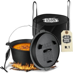 Original Dutch Oven (9L), JAXX ROADHOUSE Burnt Cast Iron Fire Pot with Lid Lifter and Carry Bag, for Indoor and Outdoor Use