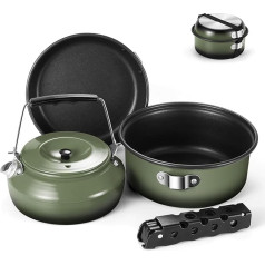 Odoland 5pcs Camping Geschirr Set, Antihaft-Leichtgewicht Topf Pfanne Kettle Set mit einem abnehmbaren Griff - Perfekt für Backpacking, Camping, Wandern und Picknick