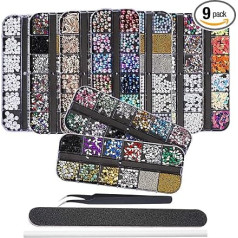 EBANKU 9 Boxes Nail Art Rhinestone Kit Nail Rhinestone with 1 Tweezers, Multicoloured Nail Buttons Horse Eye Rhinestones with Tweezers, Picking Pen and Nail File for Nail Art Decorations