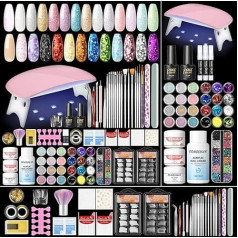 Acrylic Nail Starter Set Complete 27 Pieces Acrylic Powder Nail Glitter Powder with UV Lamp 6 W Pink/Clear/White, 30 ml Acrylic Liquid Professional Manicure Kit