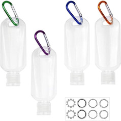 Kare & Kind Clear Portable Travel Bottles - 4 x Empty Bottles with Flip Lid, 4 x Carabiners, 1 x Sticker Label Sheets - up to 50 ml - for Hand Disinfectant, Disinfectant Alcohol