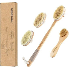 Dry Brush Body Brush - Natural Boar Bristles Body Brush Set with Face Brush, Wood Long Handle Scrub Body Brush for Cellulite Treatment, Lymphatic Drainage, Removable, 3