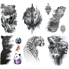 Kotbs 6 Sheets Large Temporary Tattoos Black Strong Wolf Tiger Tattoo Stickers for Men Women Boys Waterproof Body Art Makeup Fake Tattoos