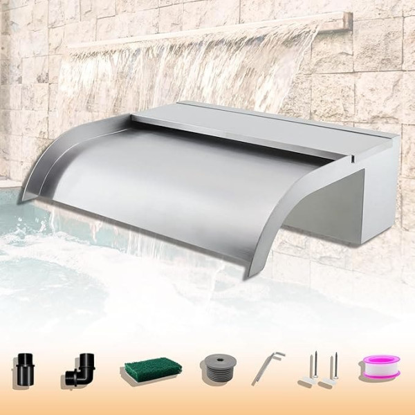 Pond Waterfall Blade Kit, 30cm Stainless Steel Pool Fountain with Accessories, Width 18cm Curved Outlet Spillway for Garden Patio Pond Decoration