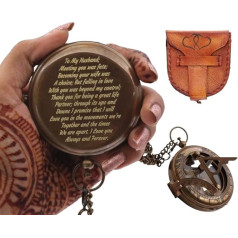 Brass Sundial Compass with Leather Case and Chain, Engraved Gift for Him Sundial Unique Gifts for Men Camping Hiking (Husband Meeting You Was Fate)