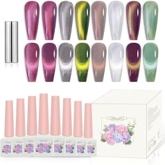 8 x 12 ml Cat Eye UV Nail Polish Set with Magnet - Nail Polish Glitter Shimmering Sparkle UV Gel Nail Polish UV Varnishes for Nails Gel Polish UV Purple Pink Silver Green White
