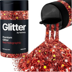 Hemway Red Holographic 5 Size Glitter Mix 120 g / 4.2 oz Fine Coarse Metallic Resin Craft Multi-Size Glitter Sequin Shaker for Epoxy, Hair, Face, Body, Eye, Nail Art, Festival, Party