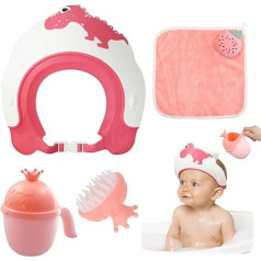 Pink Kids Shower Cap and Bath Set, Dinosaur Hair Washing Shield with Bath Rinse Cup and Shampoo Brush, Adjustable Baby Shower Cap for Eye and Ear Protection for Kids, 6 Mouth, 9 Years