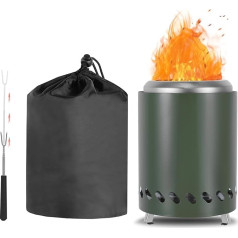 Smokeless Fire Pit for Camping, Stainless Steel Table Fireplace, Portable Mini Fire Barrel 14 x 19.5 cm, Operated with Pellets or Wood with Carry Bag, Green