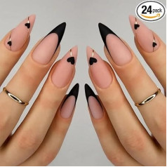 False Nails Short Almond French Lace Matte Pink Stick On Black Heart French Press on Nails Removable Nails Glue On False Nails for Women