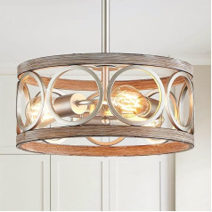Pendant Light 3-Light Modern Chandelier Vintage Ceiling Light E27, Metal Drum Lampshade Pendant Light Nickel and Imitation Wood Pendant Lamp for Living Room, Dining Room, Bedroom