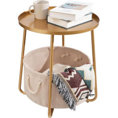 danpinera Gold Side Table, Small Round Bedside Table with Fabric Storage Basket, Metal Side Table for Children's Room, Living Room, Bedroom, Bathroom
