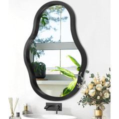 Black Mirror for Wall Decoration, Modern Wall Mirror with Wooden Frame, Artistic Asymmetric Makeup Mirror, Decorative for Living Room, Bedroom, Bathroom, Entryway
