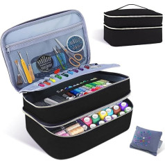 Meichoon Sewing Accessories Storage Bag Double Layer with Multiple Pockets and Compartments Inside Well Organized Waterproof Protective Practical Black