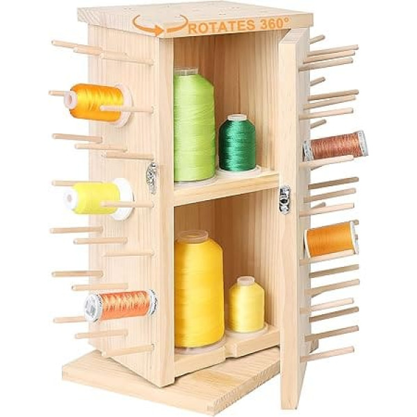 93 Bobbins (DIY) 360° Full Rotating Wooden Thread Holder/Thread Holder/Thread Spools Organiser with Inner Storage Compartments for Sewing, Quilting, Embroidery, Hair Braiding and