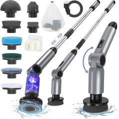 Electric Cleaning Brush, [Foldable Version] Homtronics Electric Cleaning Brush, Adjustable Long Handle, Electric Spin Scrubber Cordless with 8 Drill Brush Heads for Bathroom, Kitchen, Car, Grey