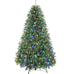 SHareconn 180 cm Artificial Christmas Tree with Lighting, Artificial Christmas Tree with 330 Warm White & Multicoloured LED Lights, 8 Light Modes, 1018 PE & PVC Branch Tips, Foldable Metal Stand