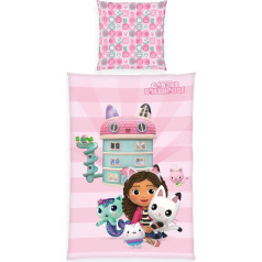 Herding Gabby's Dollhouse Bed Linen, Pillowcase 80 x 80 cm with Zip and Reversible Motif, Duvet Cover 135 x 200 cm, with Zip, 100% Cotton/Renforcé, Pink