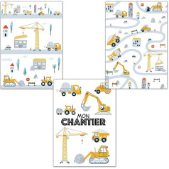 3er Set Kinderzimmer Deko für Jungen Chantier Kran Tractopelle LKW Geschenkidee Geburtstag Thema Arbeit ohne Rahmen