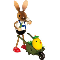 Drechslerei Kuhnert Easter Decoration / Easter Bunny - Kuhnert Rabbit with Wheelbarrow and Chick, Made of Wood, Size: Standing Approx. 19 cm, An Original from the Ore Mountains, Made in Germany