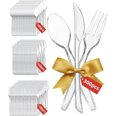 Pack of 300 Plastic Cutlery, Plastic Forks, Plastic Knives and Plastic Spoons, Reusable Party Cutlery Knife Forks Spoons, 100 Pieces Each for Family Celebrations, Outdoor Dinner, Party Tableware,