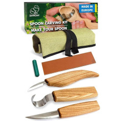 BeaverCraft S13 Wood Carving Tools Set for Spoon Carving, 3 Knives in Tool Roll, Pulling Strap with Green Polishing Paste, Hook Knife, Sloyd Knife (Right-Handed Spoon Carving Set)