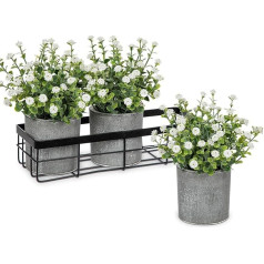 Briful Set of 3 Artificial Gypsophila in Pot with Metal Basket, Artificial Flowers, Like Real Gypsophila, Decorative Flowers for Home, Window, Bathroom Decoration
