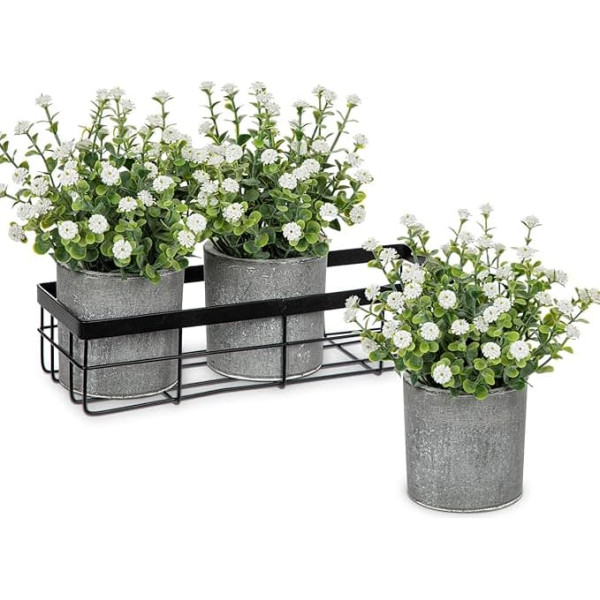 Briful Set of 3 Artificial Gypsophila in Pot with Metal Basket, Artificial Flowers, Like Real Gypsophila, Decorative Flowers for Home, Window, Bathroom Decoration