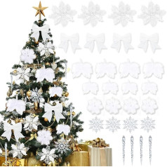 Pack of 32 White Christmas Tree Decorations, White Feather, Christmas Ornaments, Flowers Christmas Ornaments, Christmas Bows for Trees, Christmas Tree Decorations, White Christmas Tree