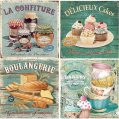 DCIDBEI 4 Pack Diamond Painting Adult Vintage 30 x 30 cm Diamond Painting Vintage Coffee Cup Diamond Painting Coffee Cups Diamond Painting Coffee and Bread Cake Pictures Diamond Painting Tin