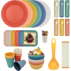 PIXESTT 69-piece outdoor tableware set, camping tableware set for 6 people, includes a spoon and a folding chopping board, 6 colours picnic set is BPA-free and suitable for family dinners.