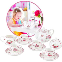12-Piece Porcelain Coffee Set for Kids and Girls, Red Rose Tea Set, Tea Party Gift Set for Role Play, Picknic