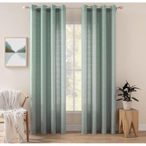 MIULEE Vorhang Gardine 2er Set Voile Vorhänge Sheer Leinenvorhang Dekoschal Ösen transparent Farbverlauf Ösenschal für Wohnzimmer Schlafzimmer Kinderzimmer 140x215 cm (B x H) Seegrün