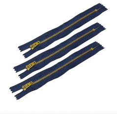 Pack of 3 Brass Zips with Semi-Automatic Slider Available in Maya 3# Zip for Sewing Clothes (25 cm, Navy)