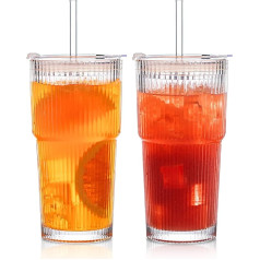 INSETLAN 600ml Ribbed Glass Cups with Lids and Glass Straws, 2 Piece Glassware Set, Thickened Glass, Ideal for Iced Coffee, Smoothies, Cocktails and Juices - Elegant and Durable