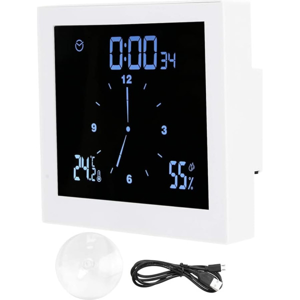 Wall Clock for Bathroom, Bathroom Clock, LCD Display, Digital Wall Clock with Suction Cup, Innovative Timer, Table Clock, Waterproof, Hygrometer, Thermometer, Alarm Function